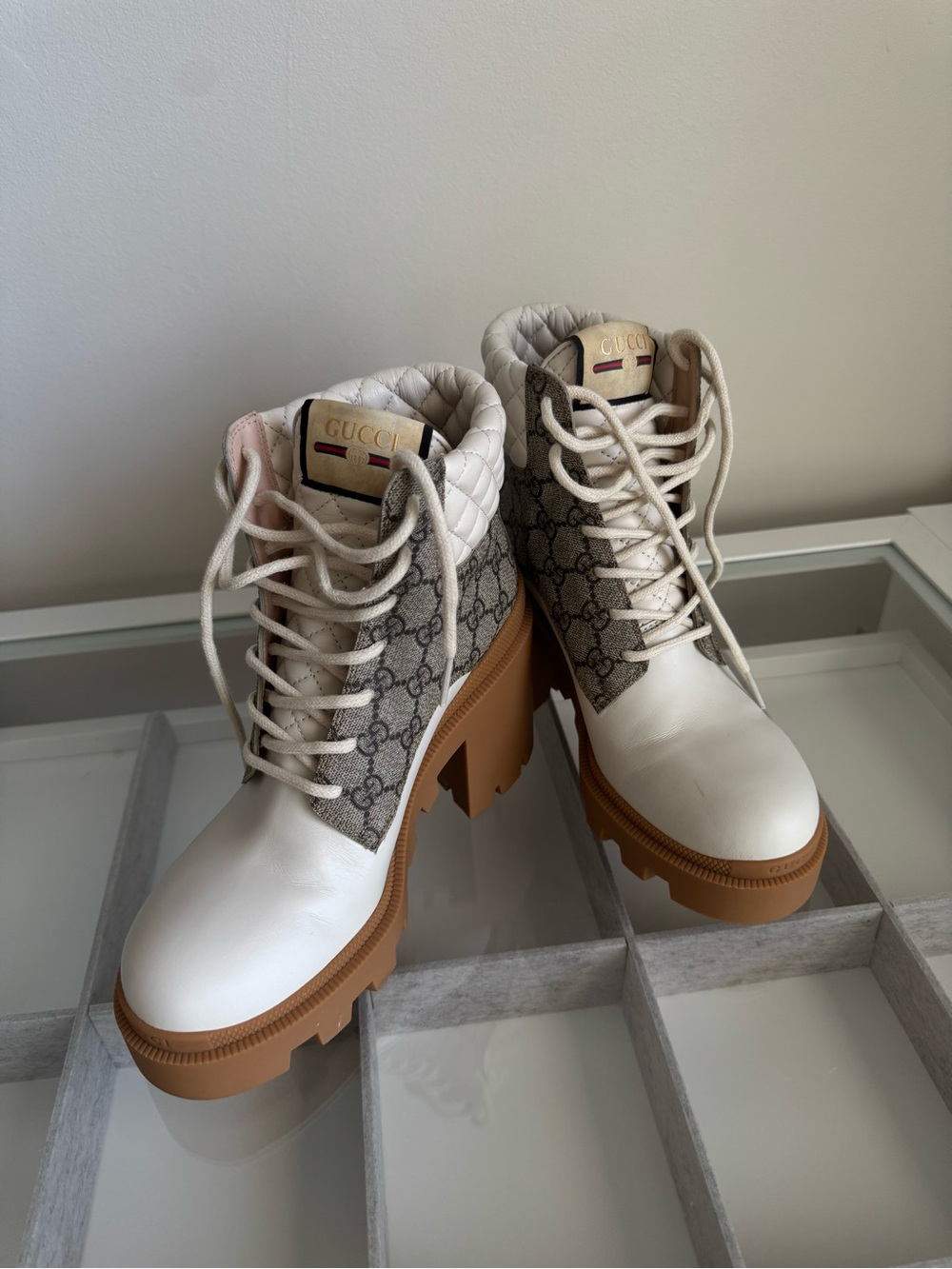 Gucci White Leather & GG Canvas Lace-Up Lug Boots with Tan Sole